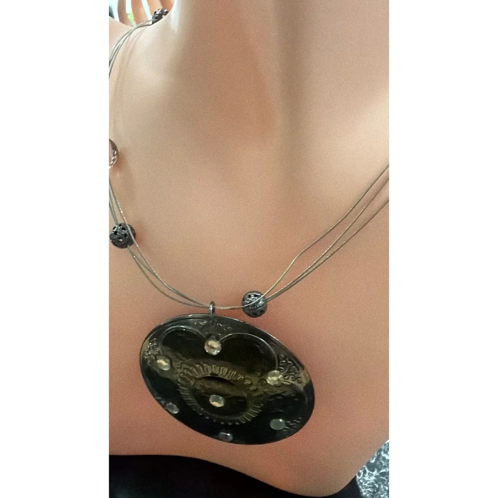 Gunmetal Oval Medallion Rhinestone Multi-Strand Statement Necklace Boho Black